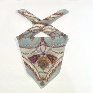 Celine Vintage Handkerchief Mini Scarf Bannada Art Blue Cotton Pocket Square 18”